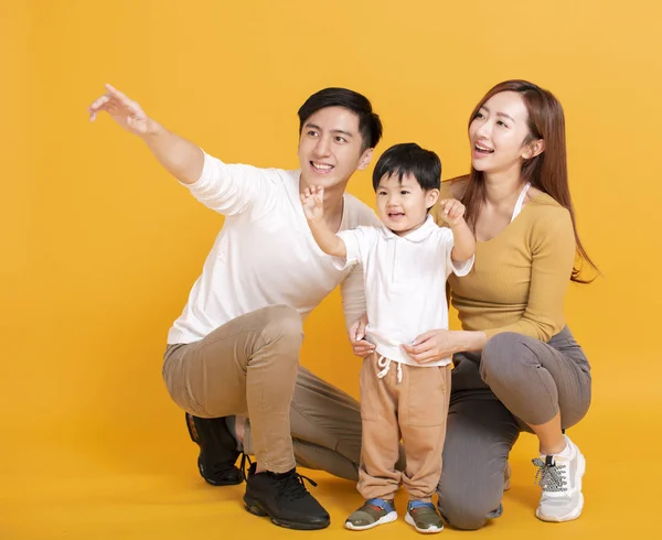 Feliz asiático familia mirando lejos y señalando —  Fotos de Stock