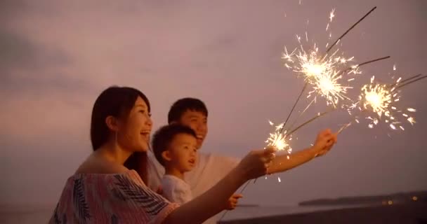 Szczęśliwa Rodzina Świętuje Nowy Rok Ogniem — Wideo stockowe