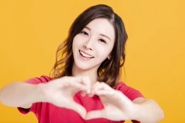 Closeup of Smiling Woman with love Gesture — ストック写真