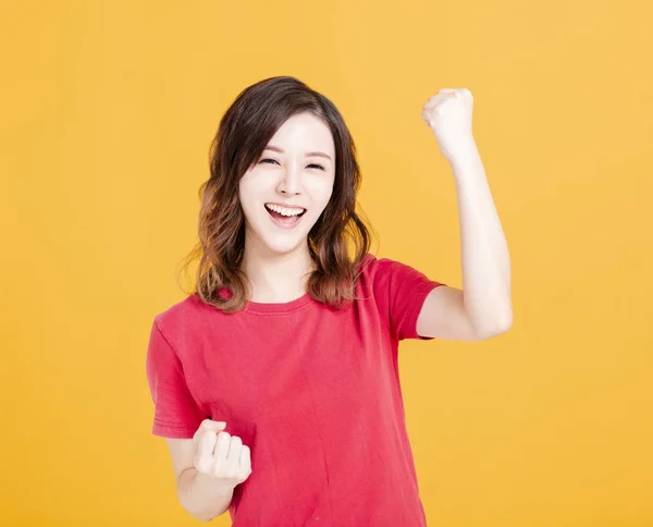 Animado jovem Mulher com gesto de sucesso — Fotografia de Stock