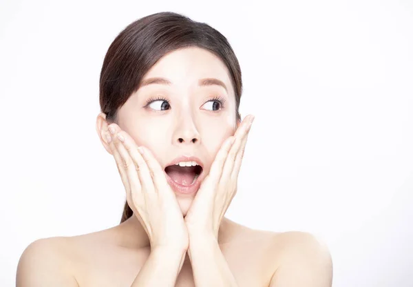 Closeup young surprised woman  with clean fresh skin — 스톡 사진