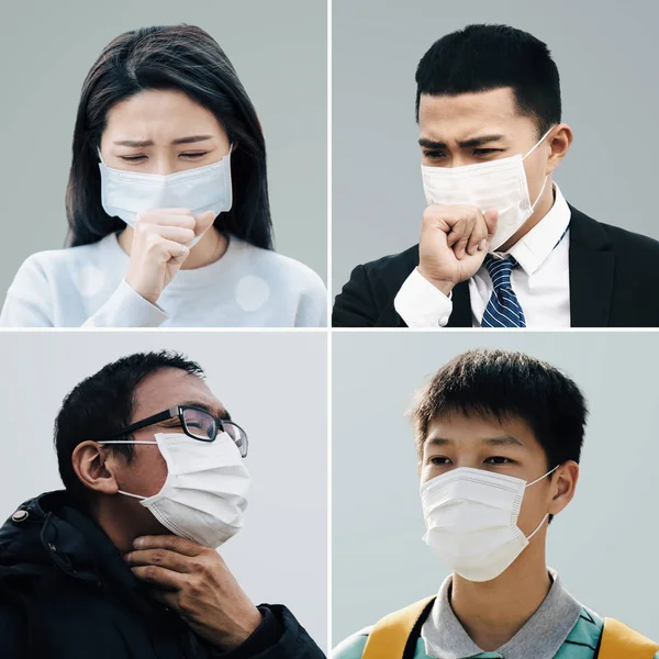 Asiático pessoas sofrem de tosse com proteção máscara facial — Fotografia de Stock