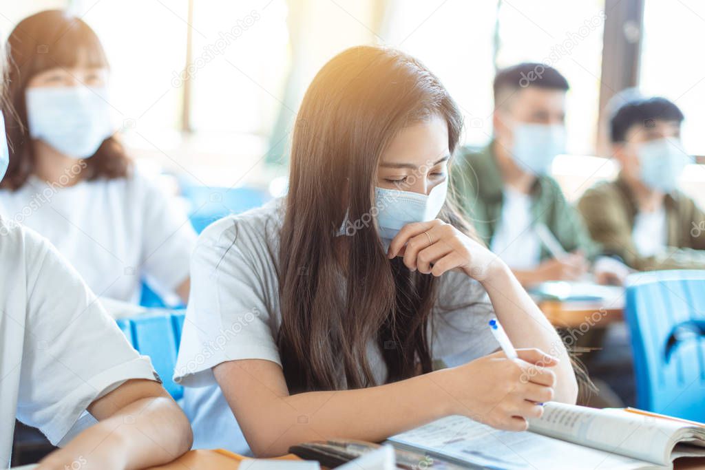 Students wearing  protection mask to prevent germ, virus and PM 