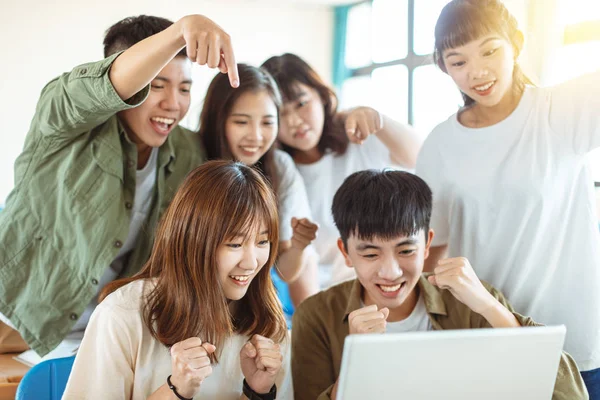 Excited College Students Looking Laptop Classroom — Stock Photo, Image