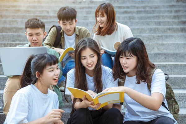 Grupa Studentów Uczących Się Schodach Kampusie — Zdjęcie stockowe