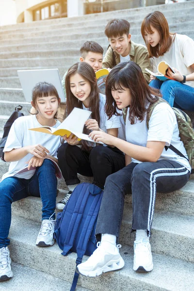 Grupo Estudantes Que Estudam Nas Escadas Campus — Fotografia de Stock