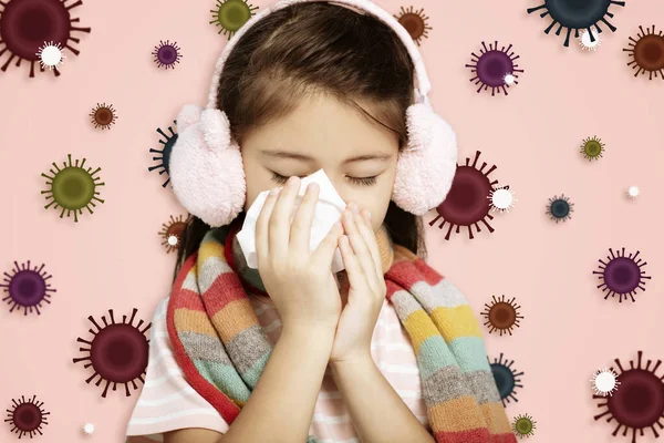 stressed child wearing Protection Mask against flu virus  background