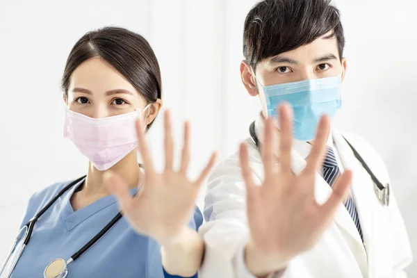 Doctor Face Mask Showing Stop Sign Hands — Stock Photo, Image