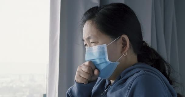 Woman Mask Cough Ill Window — Stock Video