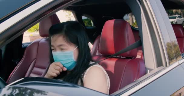 Sick Young Woman Wear Mask Driving Car — Stock Video