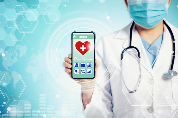 Lékař Stetoskopem Chytrým Telefonem Ruce Pro Lékařské Vyšetření Pojmy Aplikace — Stock fotografie