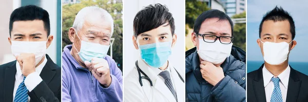 collection of different people wear mask and suffer from cough  flu  virus
