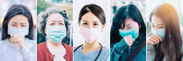 Collection Different People Wear Mask Suffer Cough Flu Virus — Stock Photo, Image