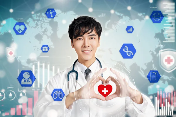 Souriant Asiatique Médecin Mains Faire Coeur Forme Médical Concepts — Photo