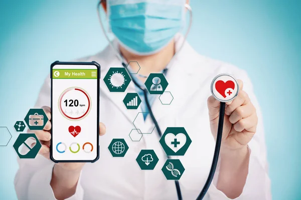 Läkare Med Stetoskop Och Visar Den Smarta Telefonen För Medicinsk — Stockfoto