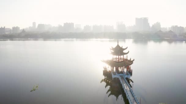 Luchtfoto Lotus Vijver Lente Herfst Pagodes Bij Zonsopgang Kaohsiung Taiwan — Stockvideo