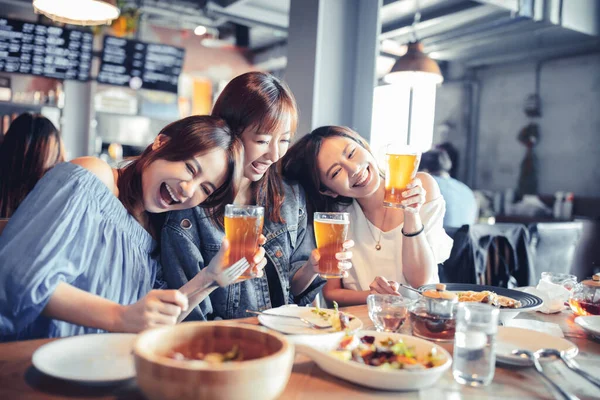 Happy Young Woman Sitting Restaurant Enjoy Dinner Beer — Stock Photo, Image