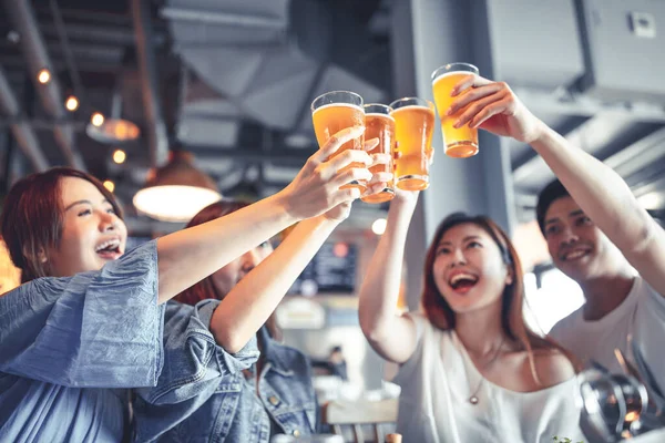 Happy Young Group Dining Drinking Beer Restaurant — Stock Photo, Image