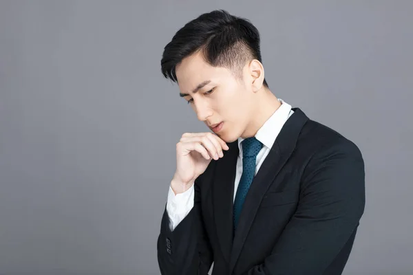 Stressed Confused Young Business Man Gray Background — Stock Photo, Image