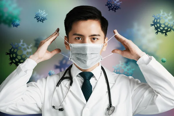 Asiatisk Läkare Bära Medicinsk Mask Och Virus Koncept — Stockfoto