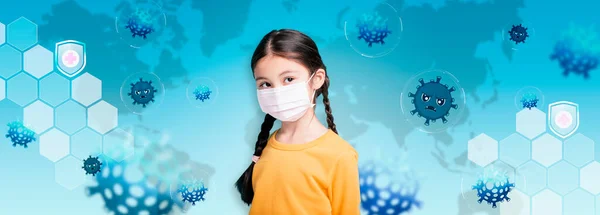 Bambina Maschera Medica Con Coronavirus Covid Concetti Sfondo — Foto Stock