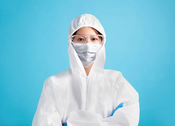Infirmière Portant Masque Médical Avec Des Lunettes Sécurité Combinaison Protection — Photo