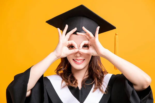 Happy Young Woman Graduation Gowns Looking Gesture — Stock Photo, Image