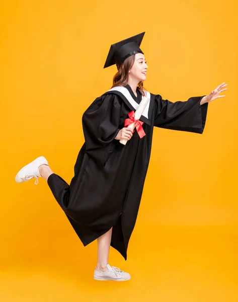 Happy Young Woman Graduation Gowns Running — Stock Photo, Image