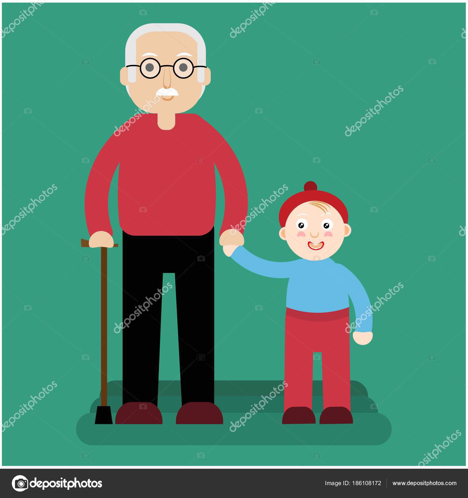 Дедушка и внук стоят на зеленом фоне — Векторное