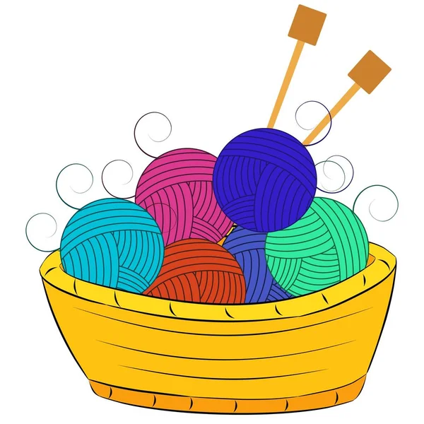 一筐羊毛和针织针头放在篮子里 白色背景上的Eps 10向量 — 图库矢量图片
