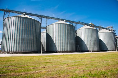 Tarım bölgesinde metal tahıl asansörü. Mavi gökyüzüne karşı tarım siloları