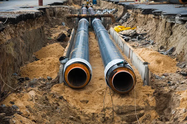 Street Reconstruction Site District Heating System Pipeline Replacement Old Pipes — Stock Photo, Image
