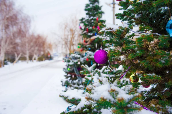 Choinka z dekoracją pod śniegiem — Zdjęcie stockowe