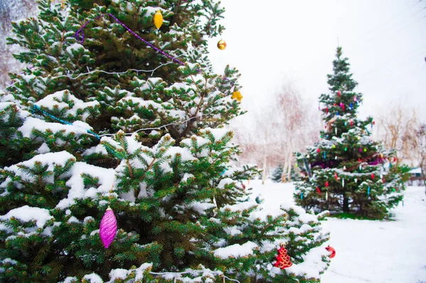 Kerstboom met decoratie onder sneeuw — Stockfoto