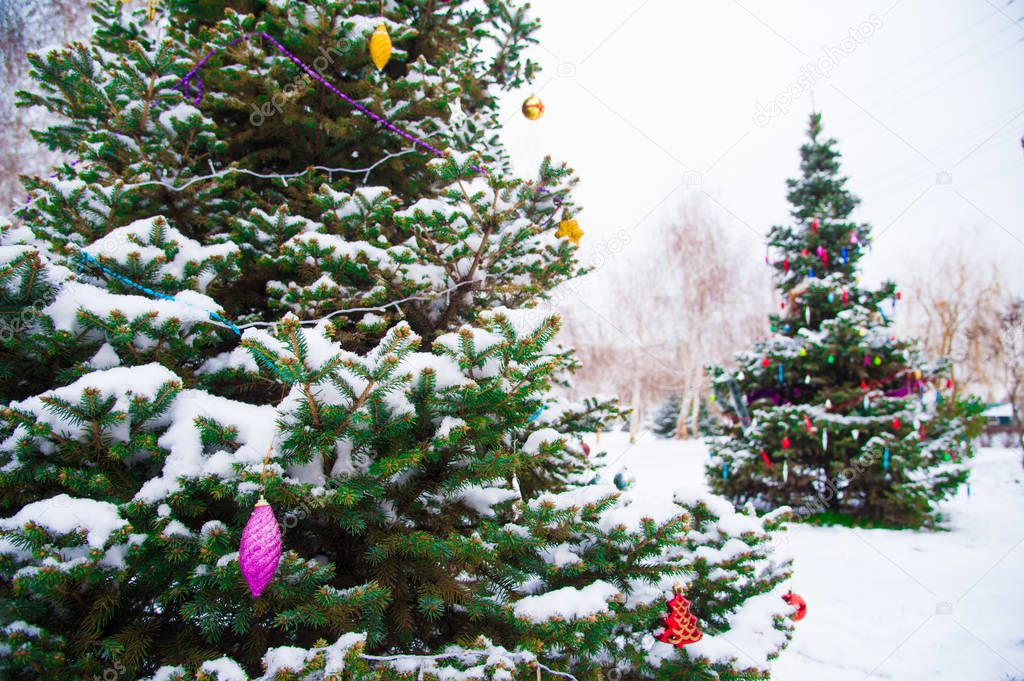 Christmas tree with decoration under snow