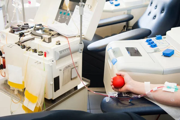 Blood donor at donation with a bouncy ball holding in hand