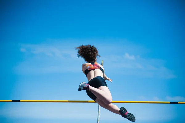 Competition Pole Vault Jumper Female Blue Sky Background — Stock Photo, Image