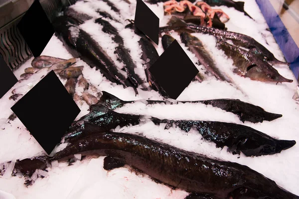 Fischfleischprodukt Regal Laden Haufen Fisch Auf Eis — Stockfoto
