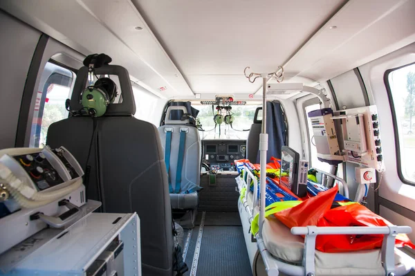 Inside of medical helicopter with emergency life support equipment.