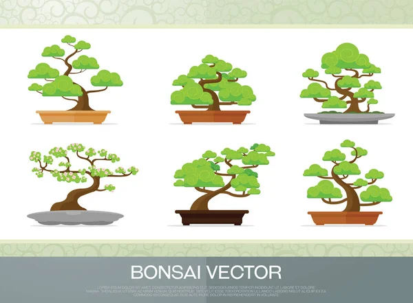 Conjunto de planta de bonsái en el vector de ilustración de maceta de estilo plano — Vector de stock