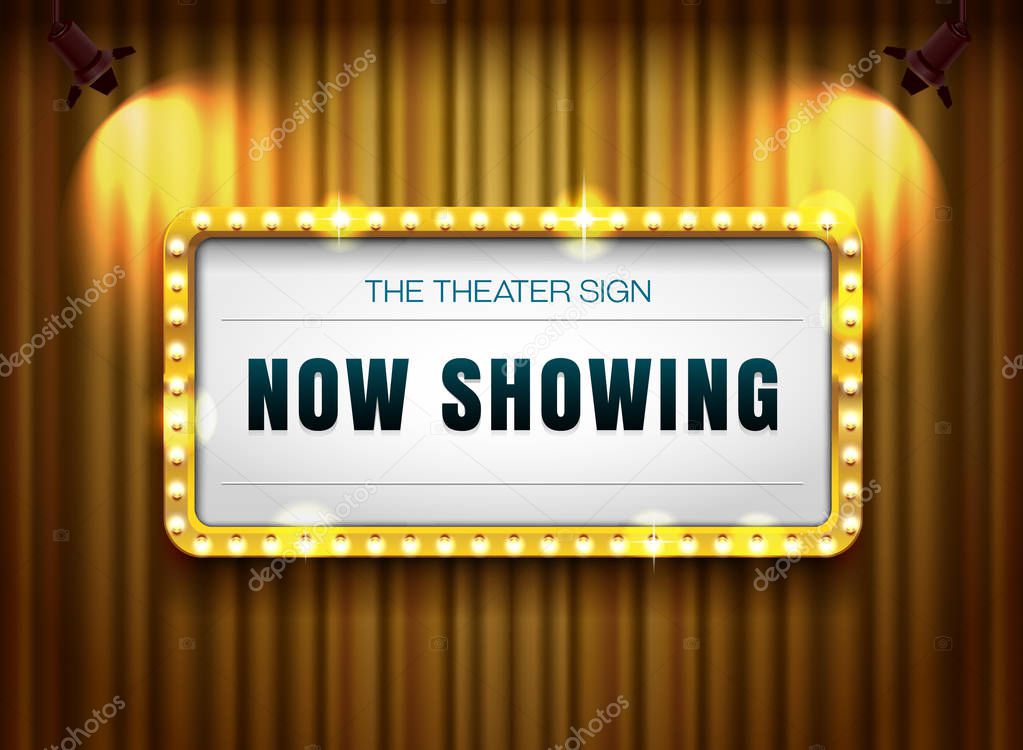 theater sign gold frame on curtain with spotlight