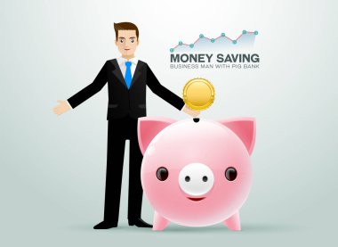 Bussiness man pig bank coin saving money vector illustration clipart