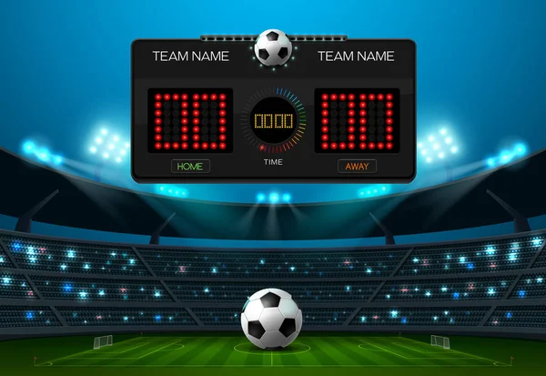 Boisko do piłki nożnej z tablicy wyników i spotlight — Wektor stockowy