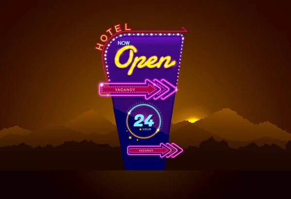 Hotel teken buib en neon open — Stockvector