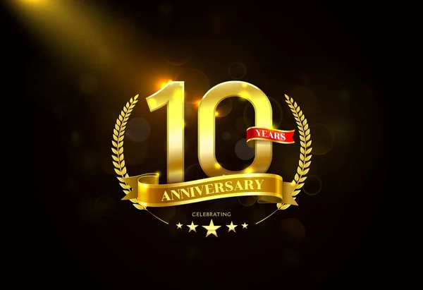 10 Anos Aniversário com coroa de louro Golden Ribbon — Vetor de Stock