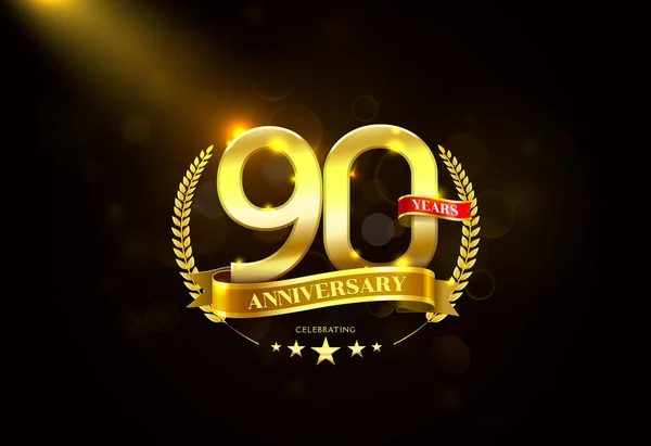 90 Anos Aniversário com coroa de louro Golden Ribbon — Vetor de Stock