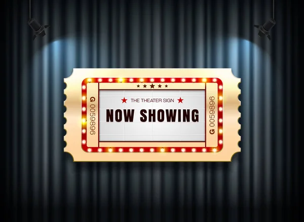 Bilhete de sinal de teatro na cortina com fundo holofote — Vetor de Stock