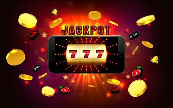 Casino van Jackpot geluk wint gouden slotmachine op mobiele telefoon met lichte achtergrond — Stockvector