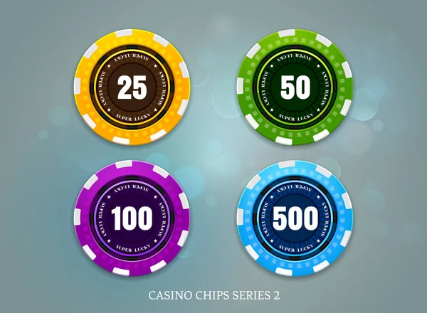 Casino Monedas Chip Conjunto Bokeh Fondo Vector Ilustración — Vector de stock