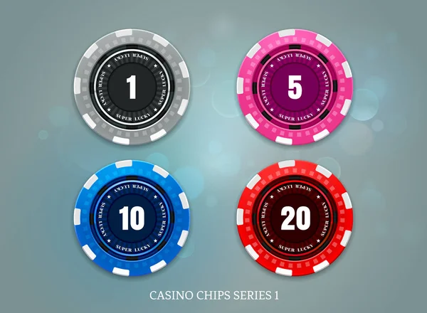 Casino Monedas Chip Conjunto Bokeh Fondo Vector Ilustración — Vector de stock